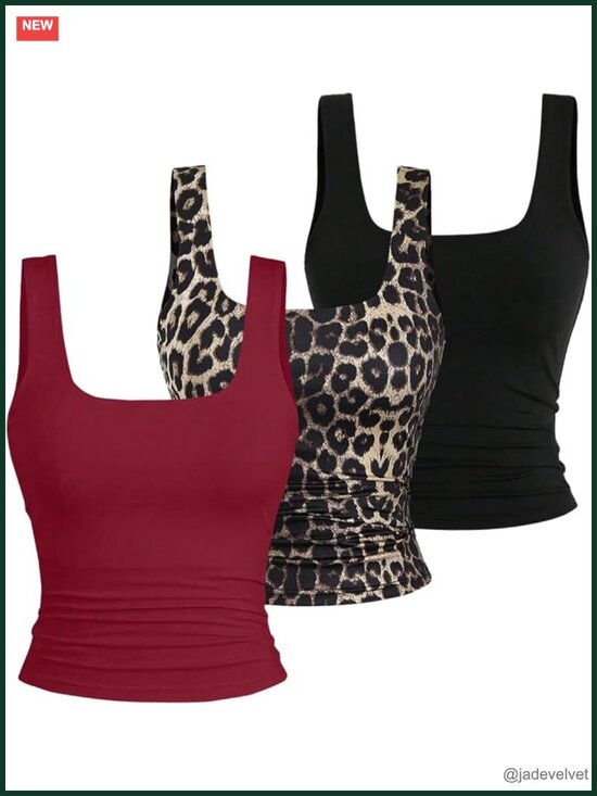 Tops - Double Lined 3 Piece Crop Tank Top Sets Sleeveless Square Neck Ruched Tee Shirt
